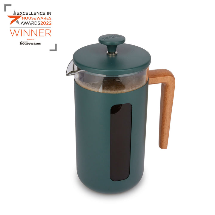 Green French press coffee maker with wooden handle on a white background, featuring 'Excellence in Housewares Awards 2022' winner badge.
