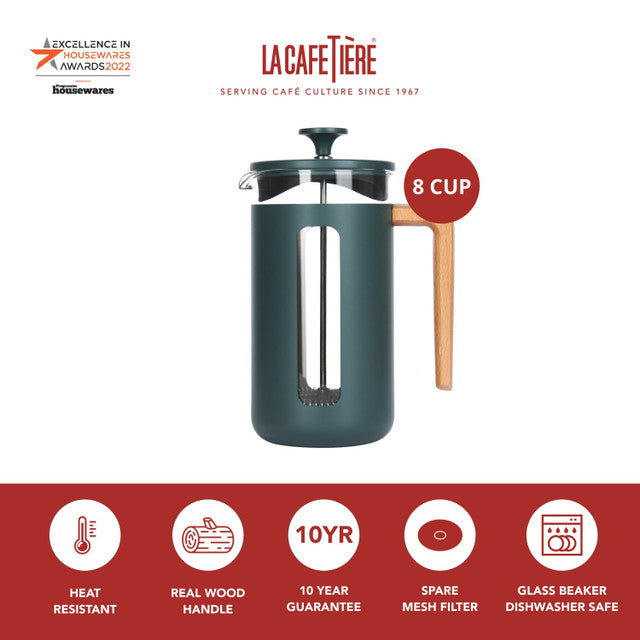 La Cafétière 8 cup French press with features listed below on a white background