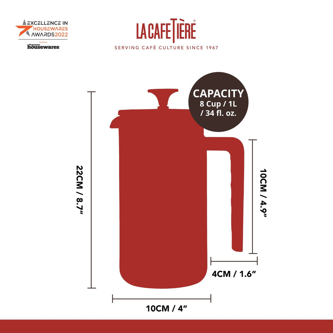 Red French press coffee maker with dimensions and capacity details on a white background, featuring La Cafétière branding.