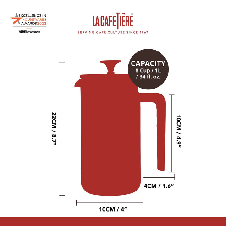 Red French press coffee maker with dimensions and capacity details on a white background, featuring La Cafétière branding.