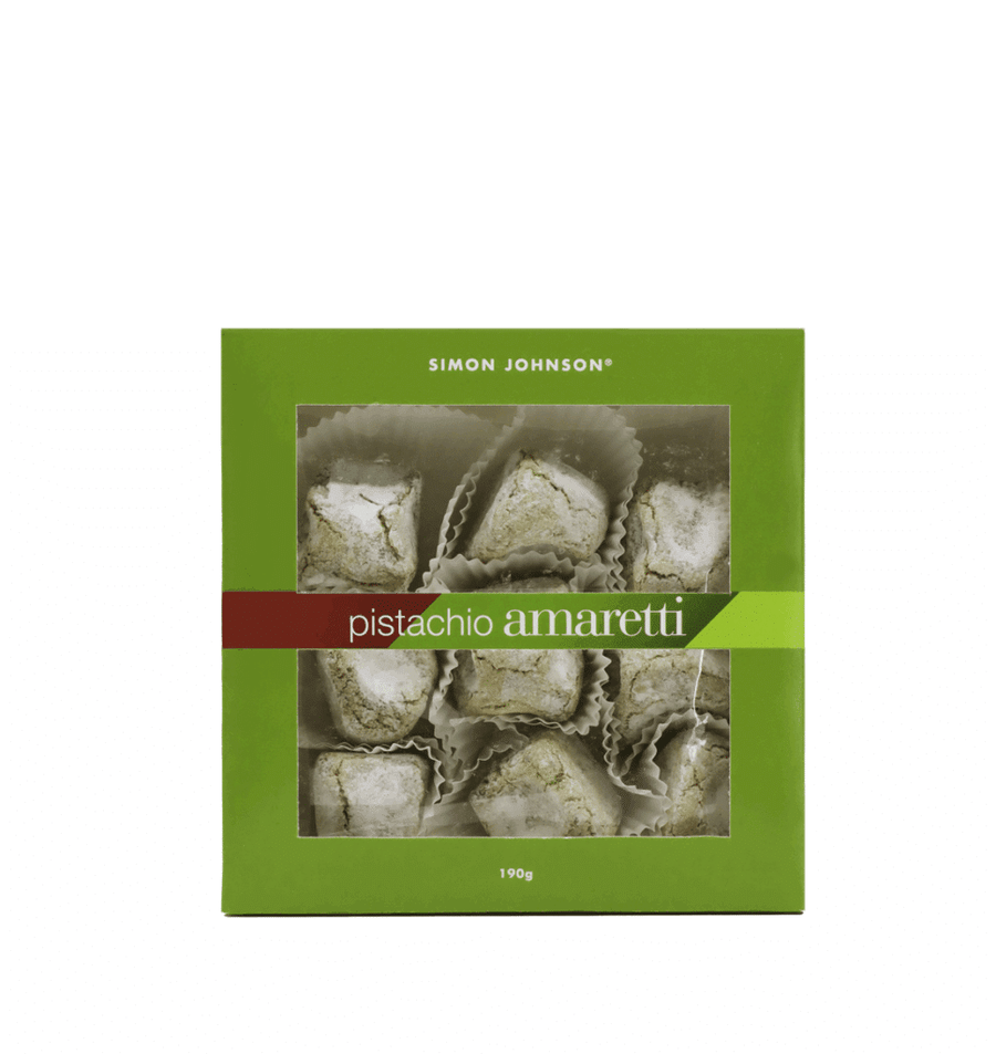 Box of pistachio amaretti cookies with a green border and 'Simon Johnson' branding.