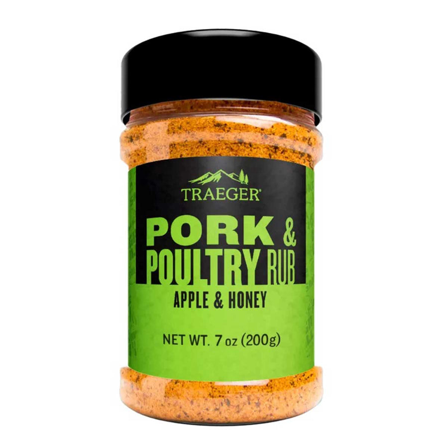 Jar of Traeger Pork & Poultry Rub with green label on a white background