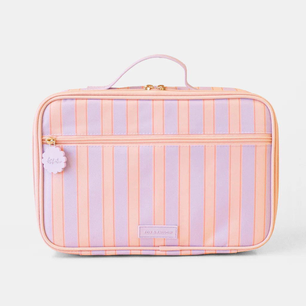 Pink and purple striped lunch bag on a light gray background