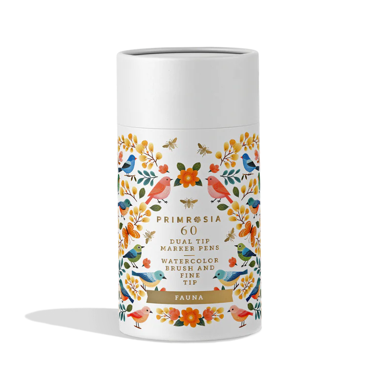 Cylindrical container of dual tip marker pens with floral design and text on a white background