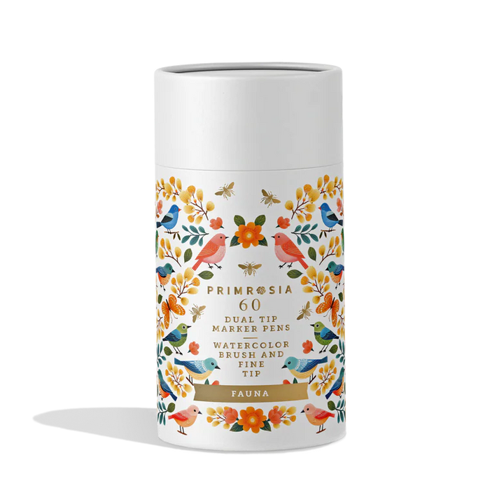  Cylindrical container of dual tip marker pens with floral design and text on a white background