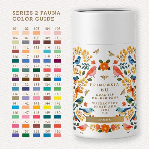 Container of Primrosia 60 dual tip marker pens with color guide on a white background