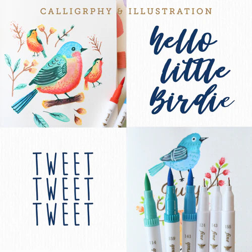 Collage of bird-themed stationery items including markers, cards, and illustrations.