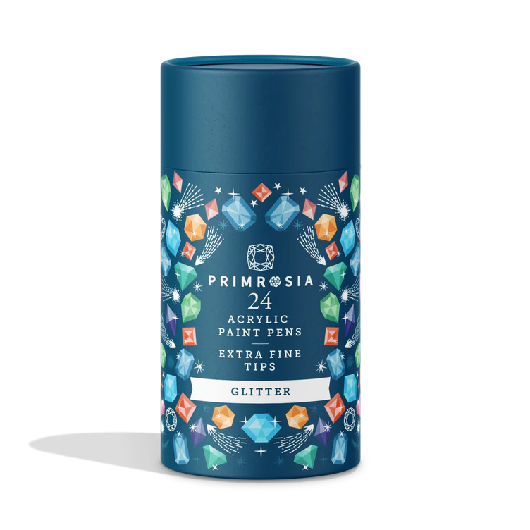 Blue cylindrical container with Primrosia acrylic paint pens packaging on a white background