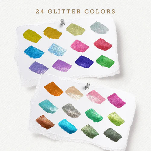 Two white cloths with colorful glitter swatches on a white background