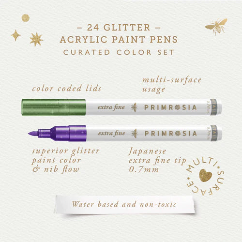 Two Primrosia acrylic paint pens on a light gray background with product details.