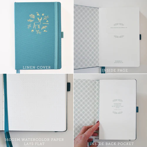 Collage of a notebook with linen cover and watercolor paper, showing front and back design.