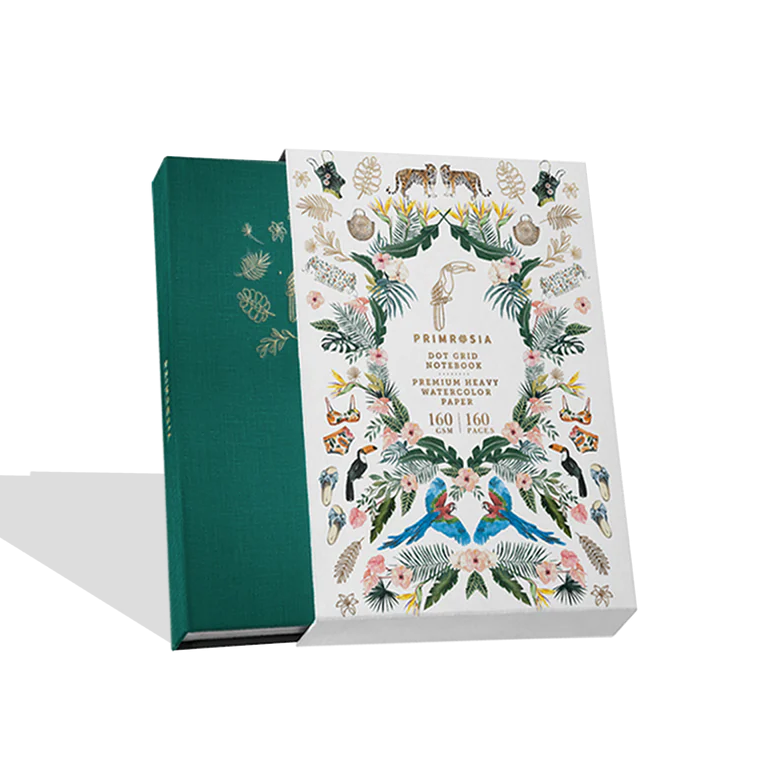Decorative book with a colorful front cover and green spine on a white background