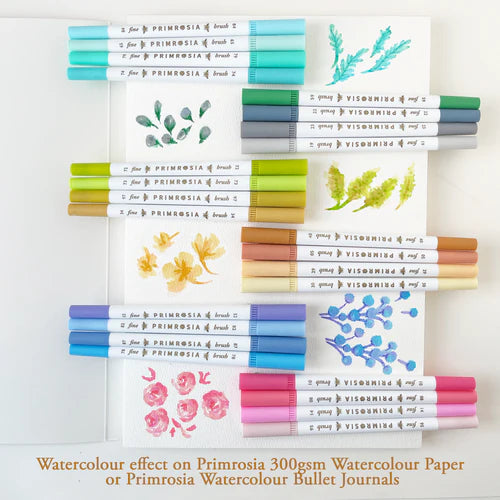 Set of Primrosia watercolor markers with floral designs on a white background