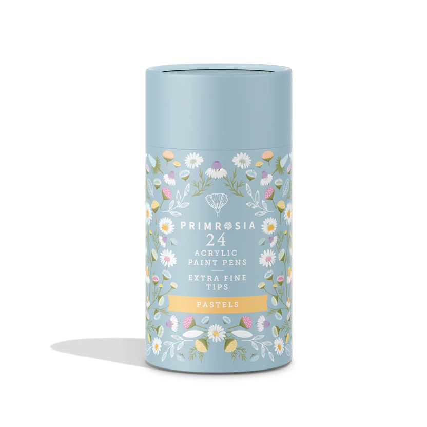 Blue cylindrical container of acrylic paint pens with floral design and &