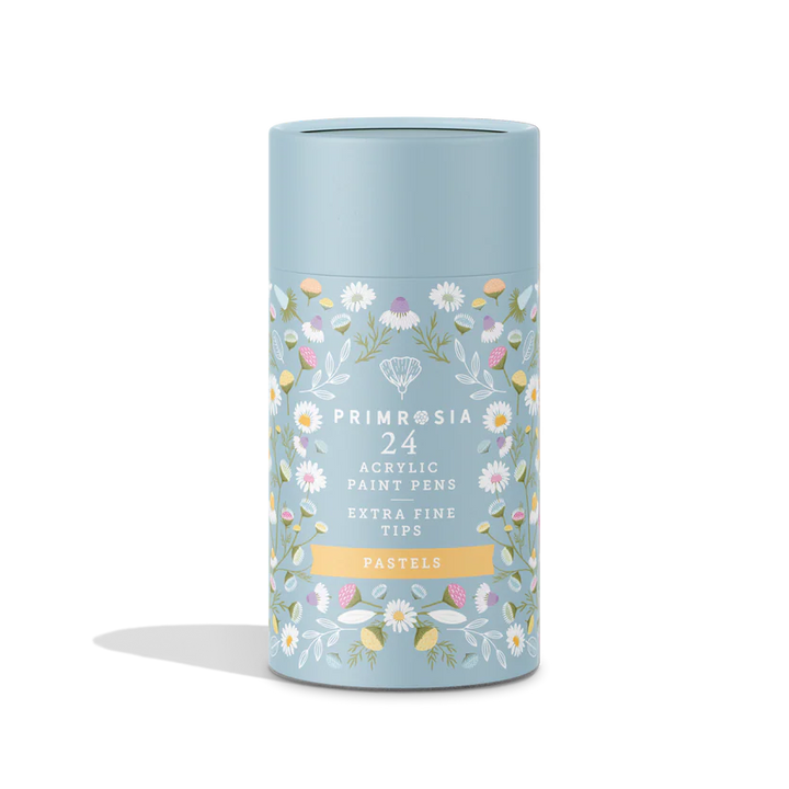 Blue cylindrical container of acrylic paint pens with floral design and &