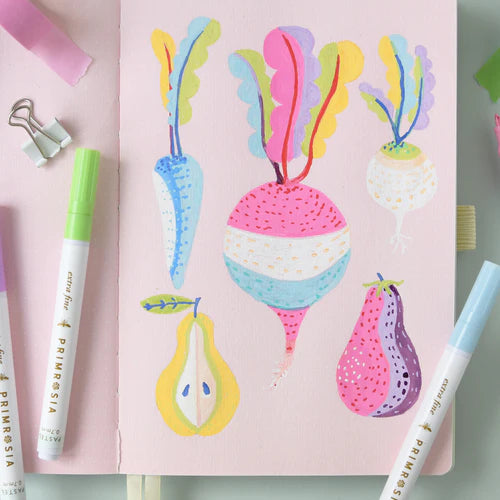 Colorful vegetable illustrations on a notebook with Primrosia markers.