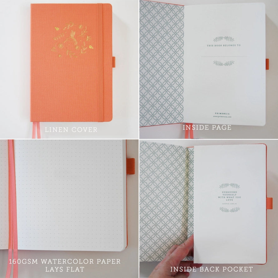 Collage of an orange notebook with linen cover, watercolor paper, and inside pages.