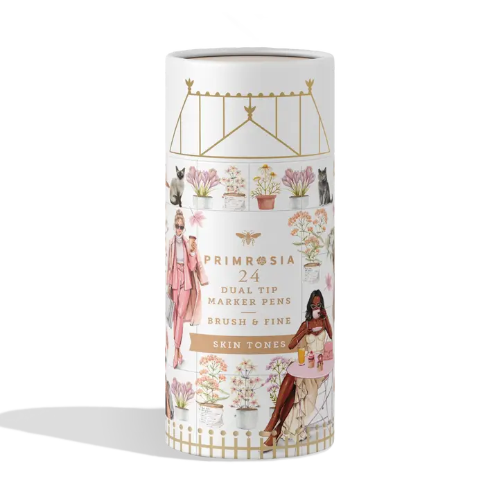 Cylindrical container with illustrated design on a white background