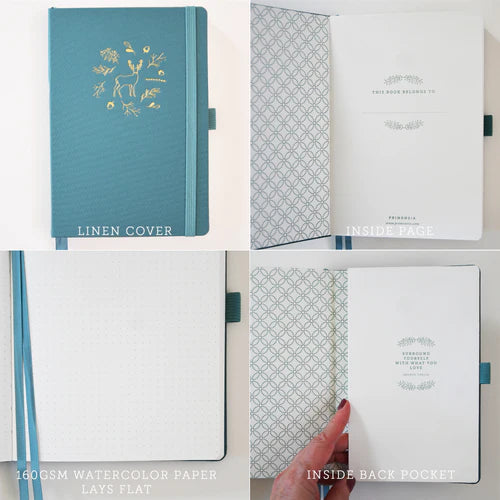 Collage of a blue notebook with linen cover and watercolor paper, showing front cover, inside pages, and back pocket.