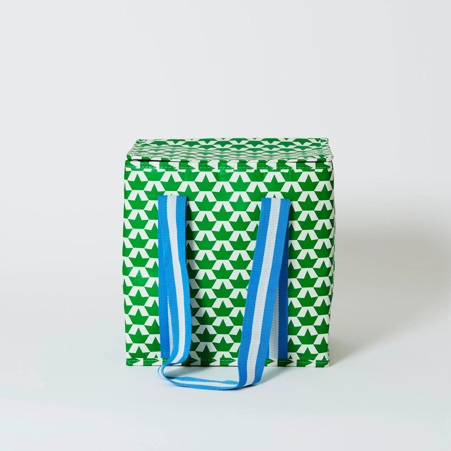 Green and white patterned bag with blue straps on a light gray background