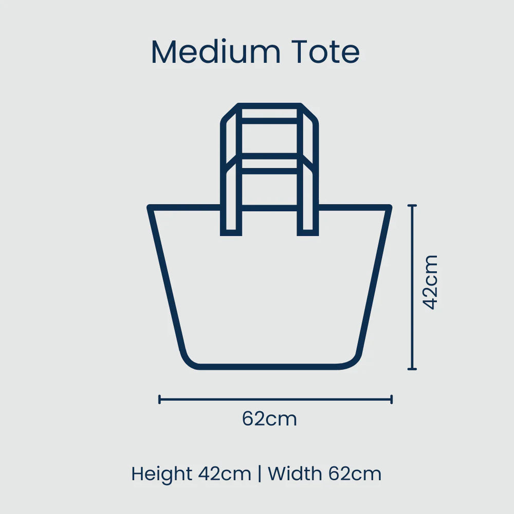 Diagram of a medium tote bag with dimensions on a light gray background