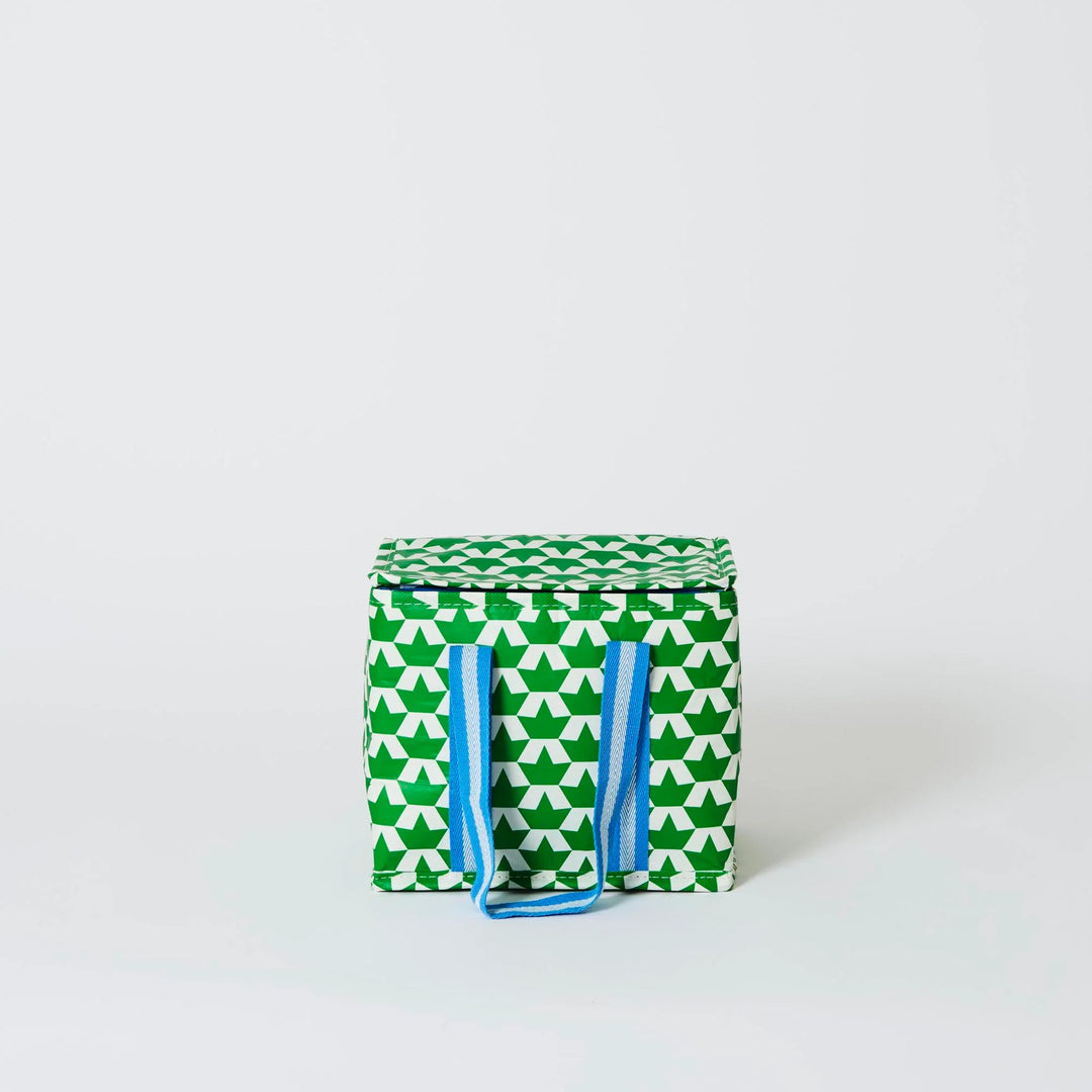 Green and white patterned bag with blue straps on a white background
