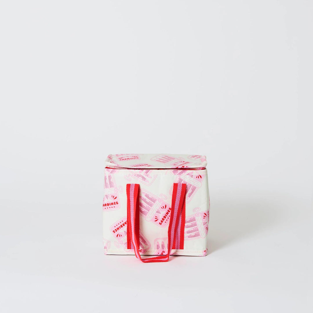 White tote bag with red text and handles on a white background