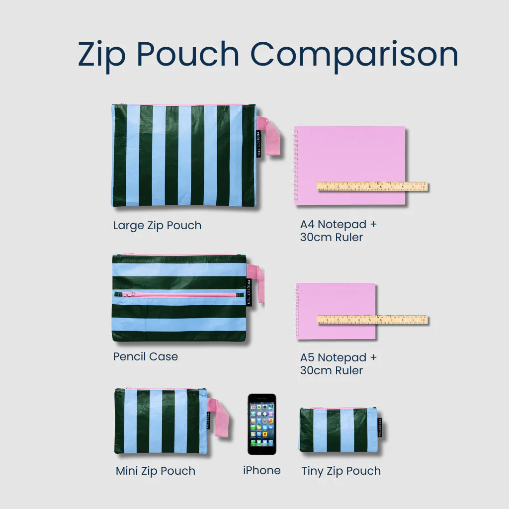 Comparison of different zip pouches with their contents on a gray background