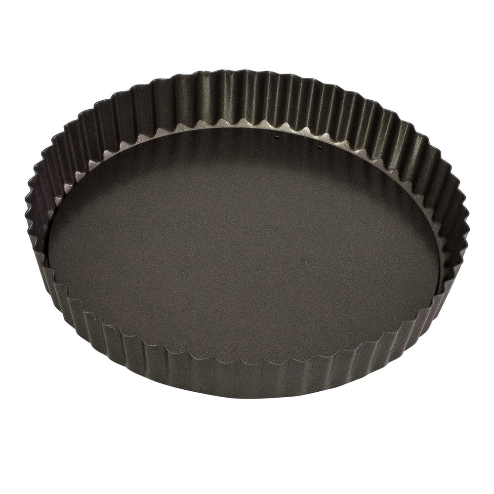 Black quiche pan on a white background