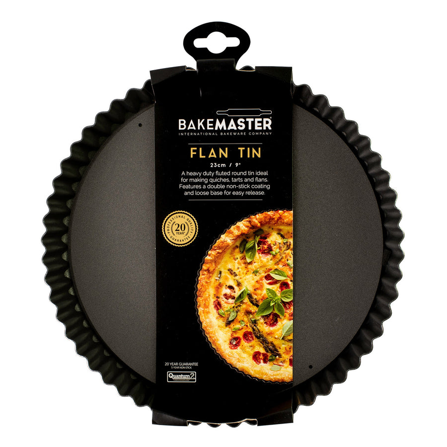 Bakemaster flan tin packaging with a quiche image on a white background