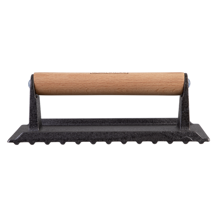 cast iron grill press on a white background