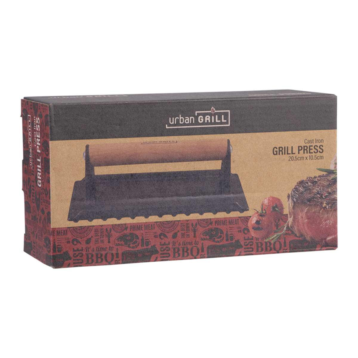 Box packaging of an urban grill grill press with branding and product image.