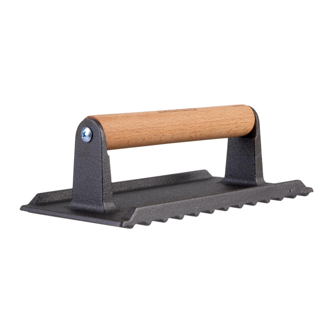 Cast iron grill press with wooden handle on a white background