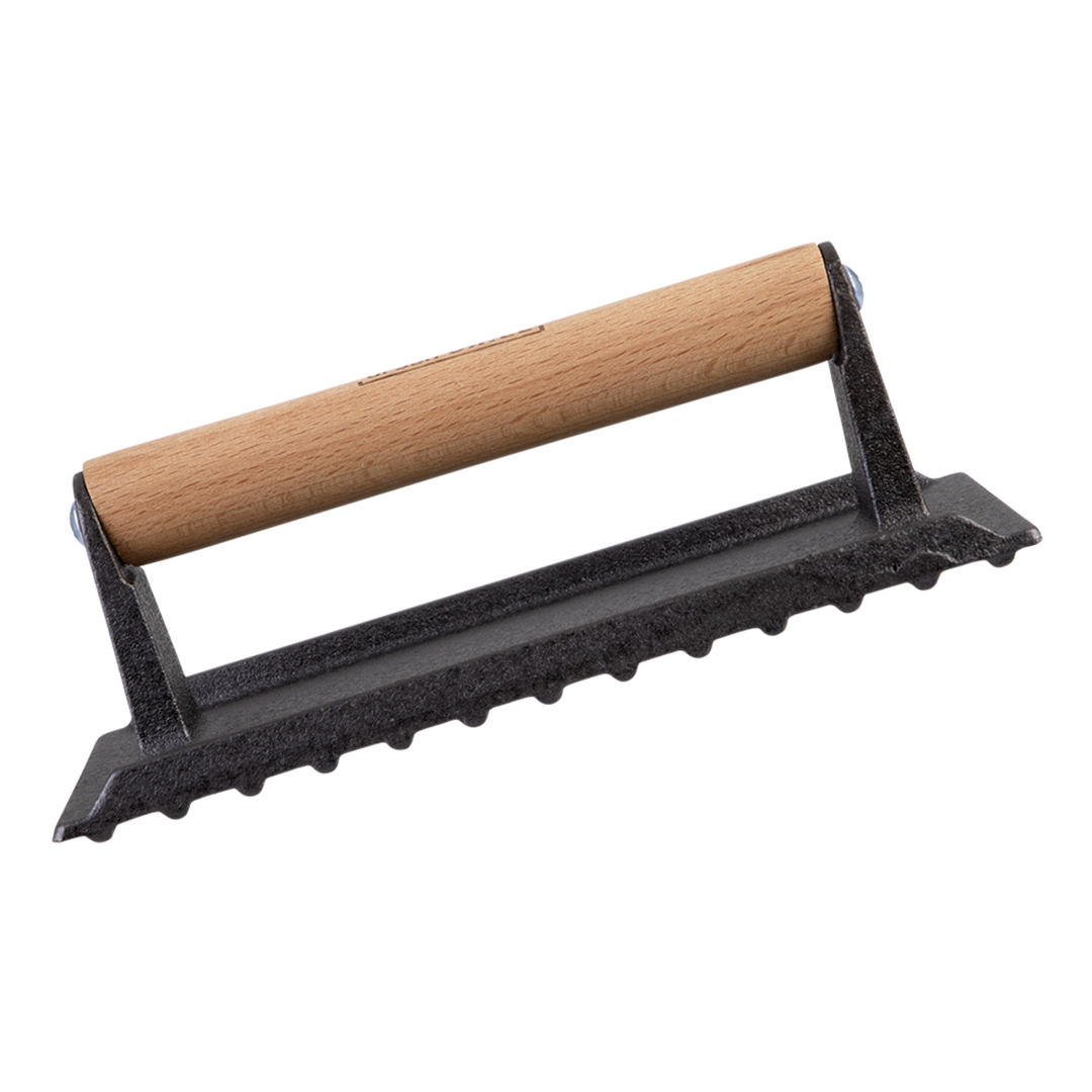 Cast iron grill press with wooden handle and black metal head on a white background