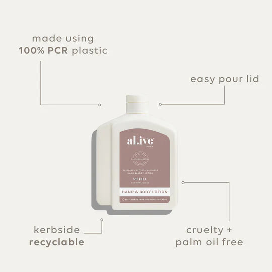 Hand and body lotion bottle with features highlighted on a white background
