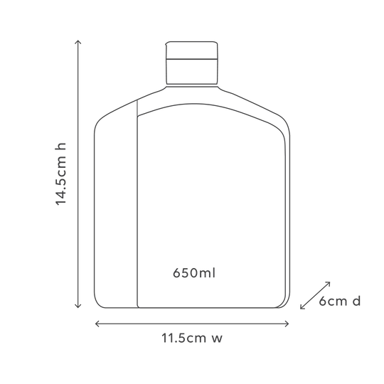 Line drawing of a bottle with dimensions labeled