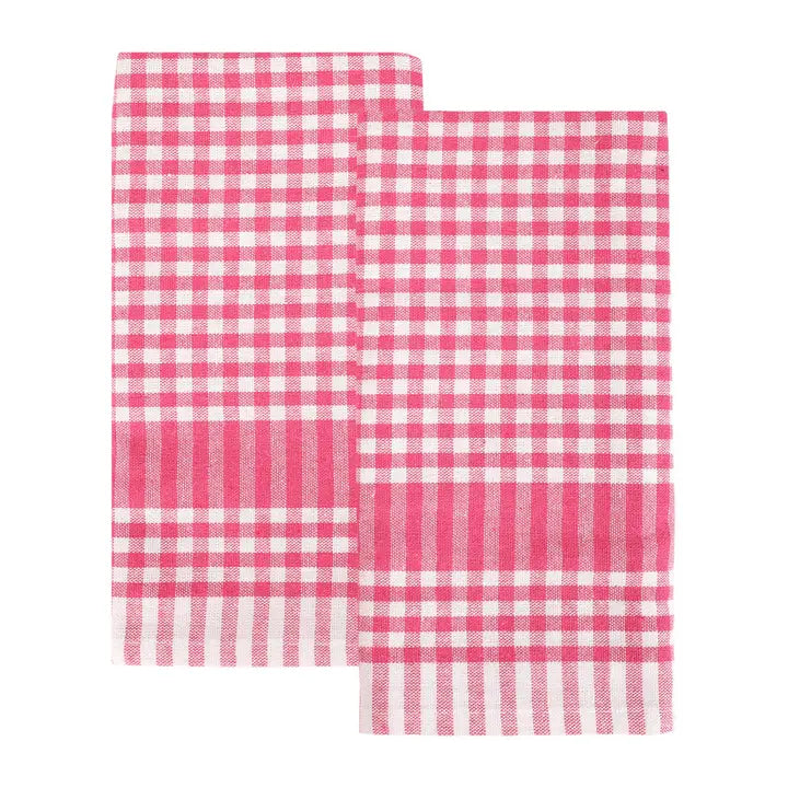 Two pink and white gingham napkins on a white background