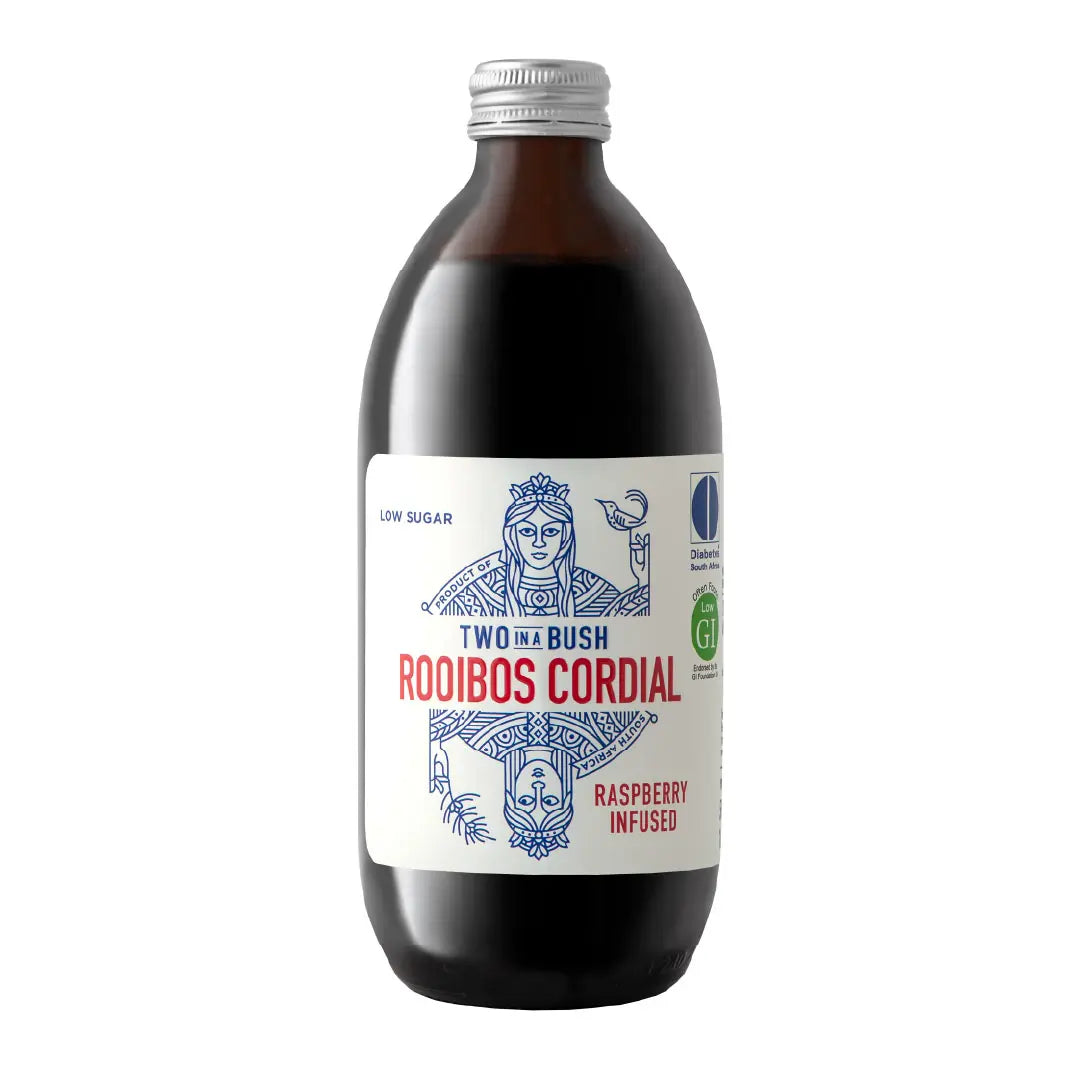 Bottle of Two in a Bush Rooibos Cordial with a white label on a white background