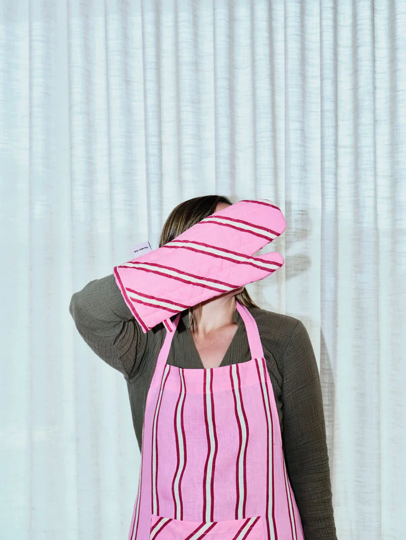 Hot pink, white and red stripe pot mitt and apron
