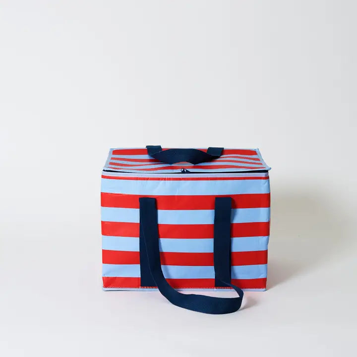 Striped cooler bag with red and blue horizontal stripes on a white background