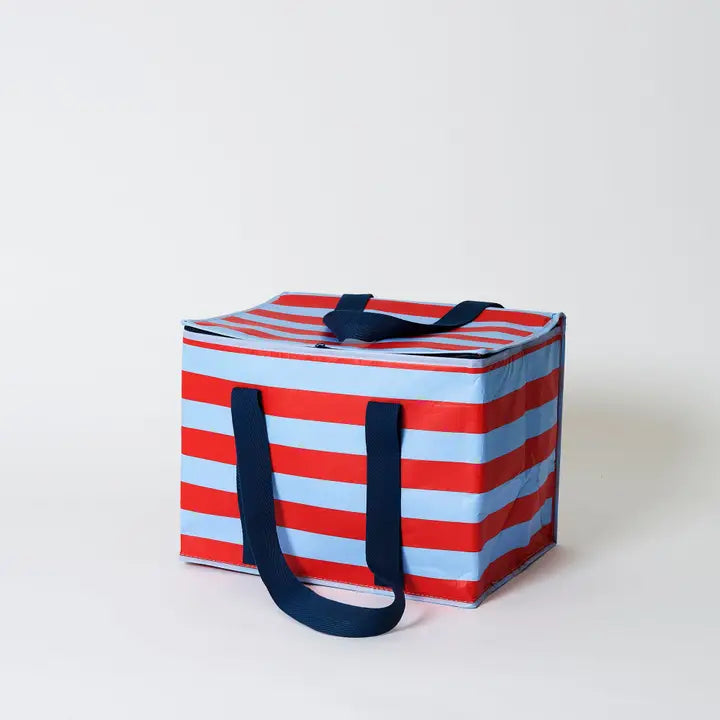 Rectangular storage bag with red and blue horizontal stripes on a white background
