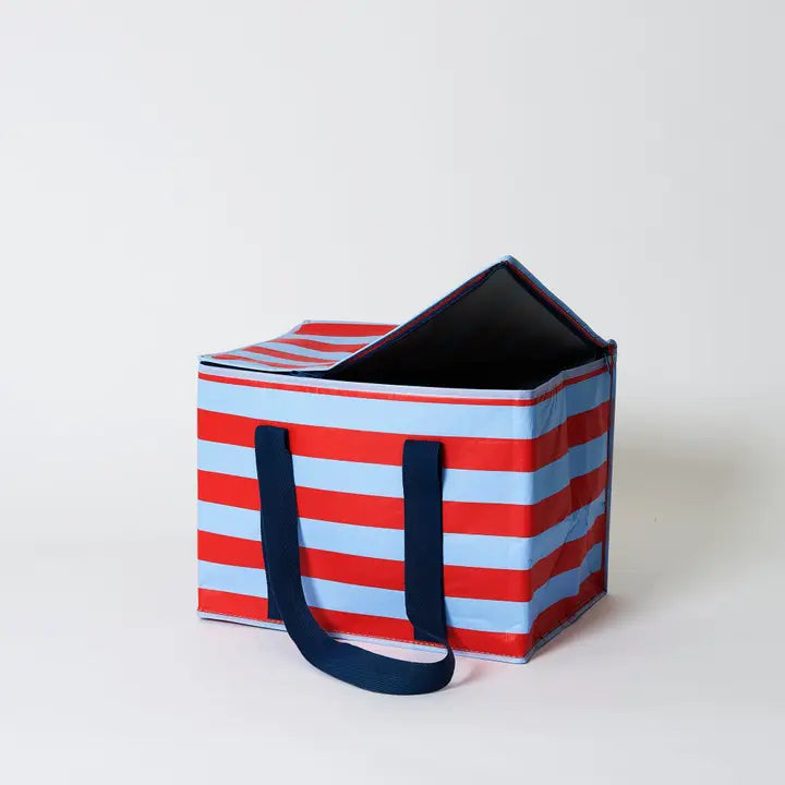 Striped bag with red and blue horizontal stripes on a white background