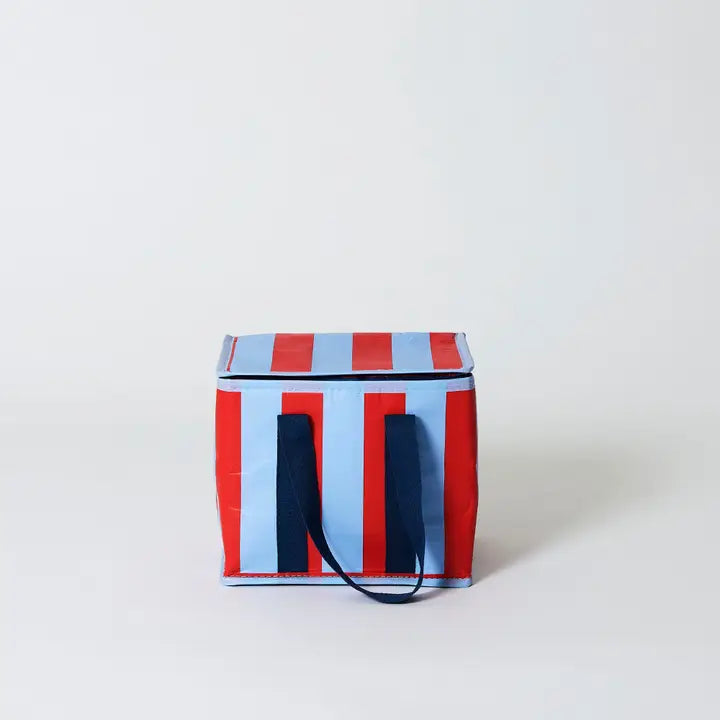 Rectangular cooler bag with red and blue striped pattern on a light gray background