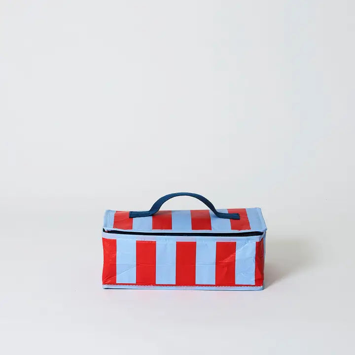 Striped red and blue bag on a white background