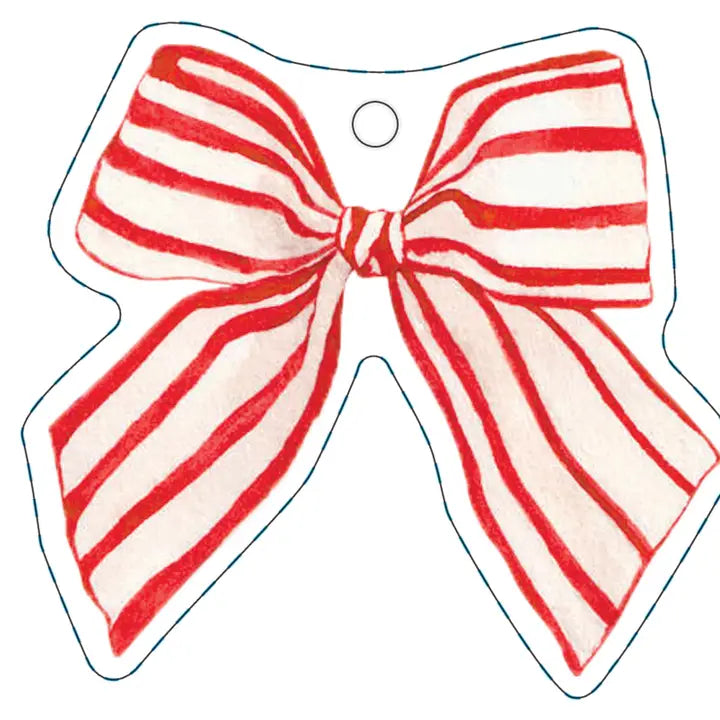 Red and white striped bow gift tag on a white background