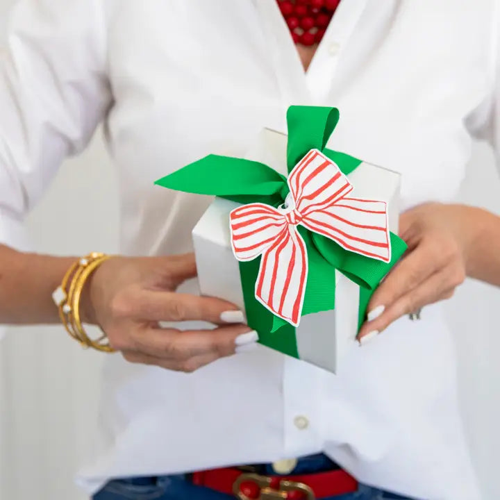Person holding a gift box with a green ribbon and red bow