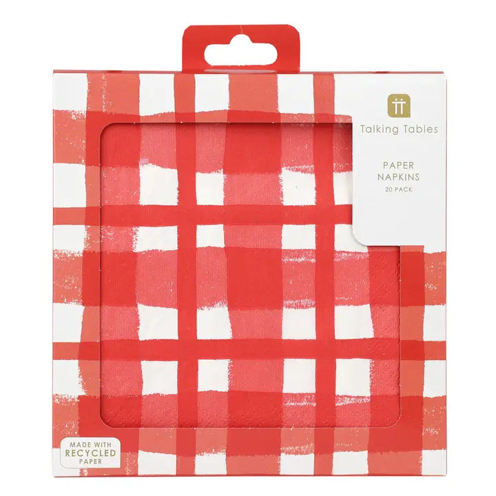 Pack of red and white checkered paper napkins with 'Talking Tables' branding.