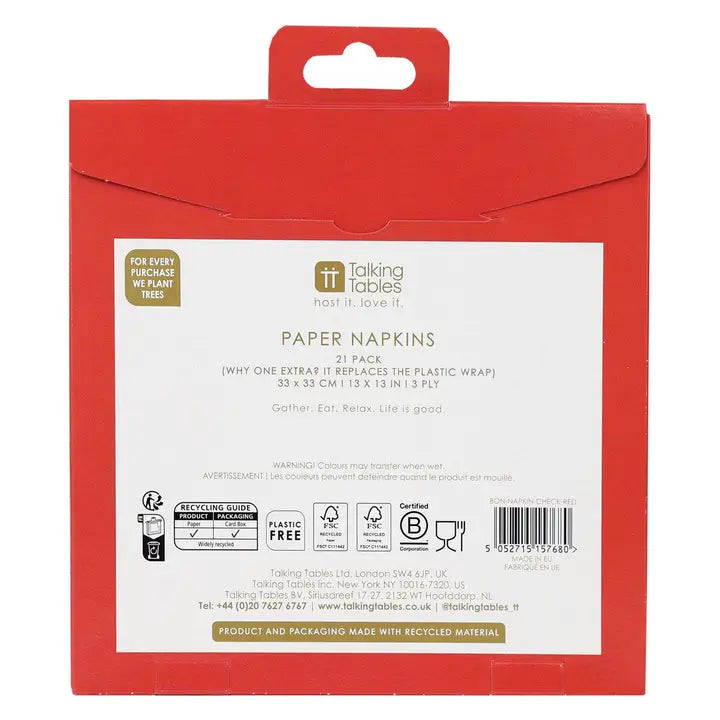 Red package of Talking Tables paper napkins with a white label.