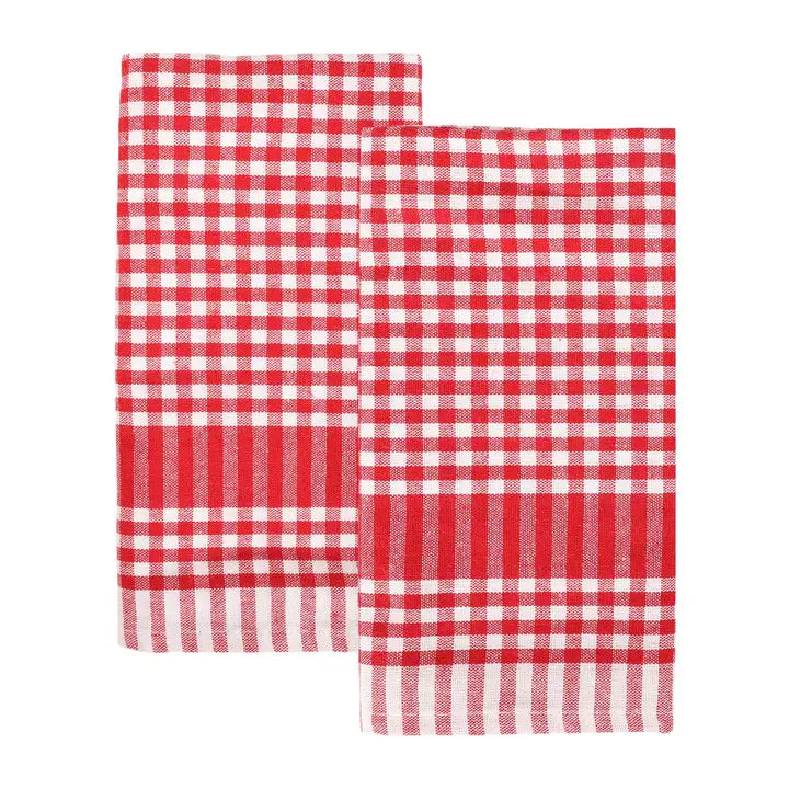 Two red and white gingham napkins on a white background
