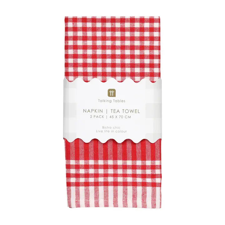 Pack of red and white checkered tea towels with a visible brand logo on a white background